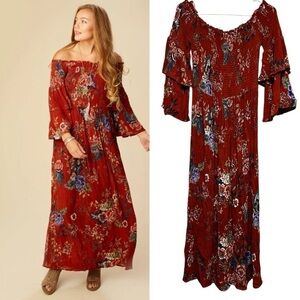 Altar’d State Orange Floral Off The Shoulders Tiered Sleeves Maxi Dress Size S